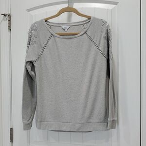 Crown & Ivy gray round neck rhinestone/beaded sweatshirt, SMALL